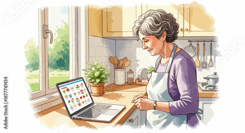 Woman in kitchen looking at laptop screen displays a recipe. Recipe inspiration comes to mind as older woman stands in kitchen near laptop. Recipe concept for meal plan,
