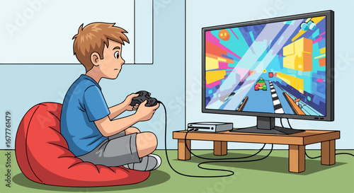 Boy playing video game on modern television, joypad in hands. Boy playing video game in living room, spending leisure time. Boy playing video game and enjoying free time in comfortable conditions.