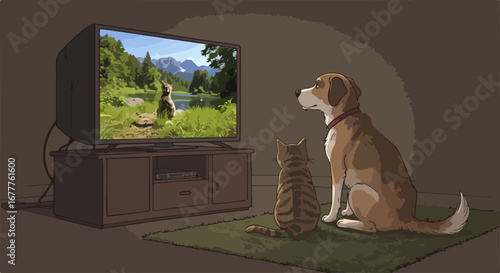 Dog and cat watching television together in darkened room, animals are focused on screen, captivated by nature scene. Dog and cat watching television. Concept dog and cat watching television together.
