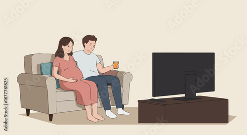Pregnant couple watching television together on sofa in living room, sharing moments. This expectant couple watching television shares quiet time indoors, relaxing together.