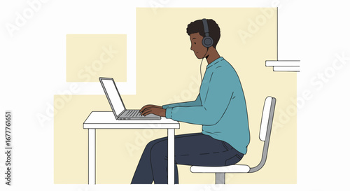 Man using laptop, at desk with headphones on for online learning. This is study time, perfect for online learning; he is typing on computer at home, studying or attending virtual meeting.
