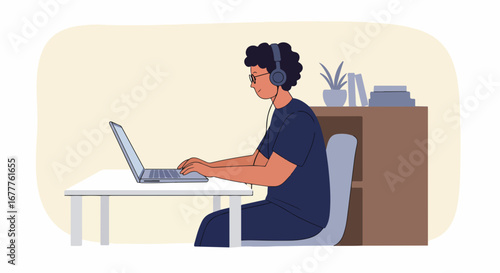 Young adult working from home, young adult working from home using a laptop at desk, wearing headphones. Young adult working from home in remote office, attending video call,