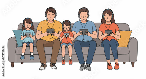 Family using tablets with headphones, family using tablets, seated together on gray sofa. Family using tablets, each engaged with their own screens,
