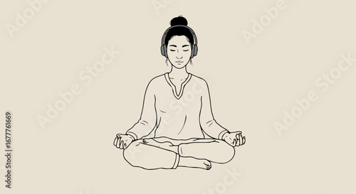 Person in lotus pose with meditation headphones, enjoying quiet time. Lotus pose illustration, focusing on mindfulness and self-care techniques, in simple line drawing.