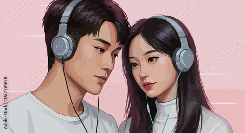 Lovers listening music with their headphones in a tender embrace, this couple with headphones symbolizes a shared emotional connection. Couple with headphones sharing playlist and a quiet moment,