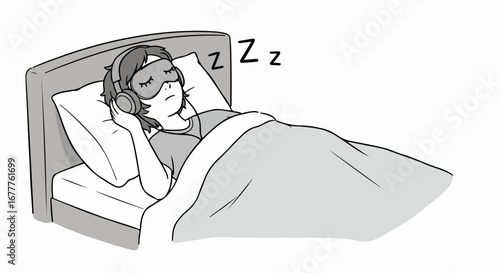 Person sleeping peacefully in bed wearing headphones and eye mask, restful sleeping deeply in cozy room. This sleeping depicts person sleeping comfortably and dreaming sweetly.