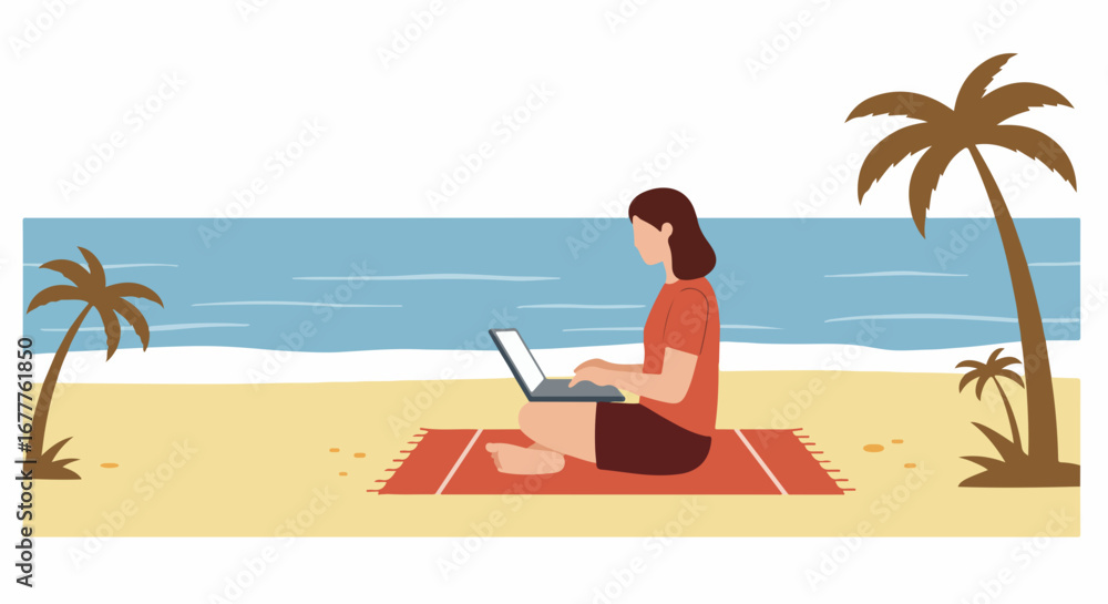 Fototapeta premium Remote work on beach setting shows woman using laptop on a beach, enjoying tropical vibes. Remote work on beach signifies flexibility and a modern lifestyle.