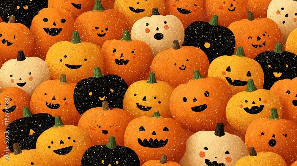 Obraz premium A group of pumpkins with face paintings, resembling Jack-o'-lanterns