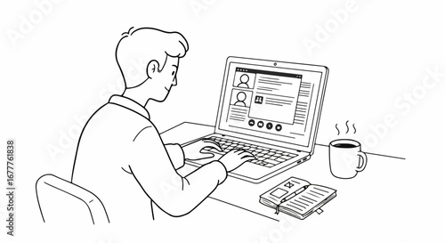 Remote work setup with person using laptop, notepad, and coffee on table. Remote work shows individual at computer, engaged in online collaboration and communication.