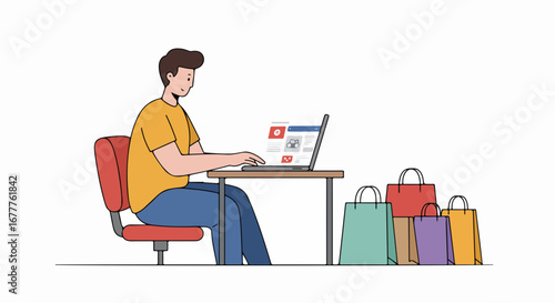 Online shopping, man sitting at desk with laptop and shopping bags, engaging in virtual purchases. Online shopping, convenience of home buying, with visible bags representing purchases.