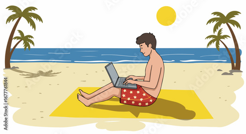 Working vacation on beach depicts man using laptop while relaxing on beach. Relaxing on beach provides inspiration, making working vacation more productive with seaside and sun.