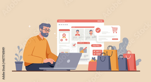 Online shopping offers convenience and easy browsing with man using laptop surrounded by shopping bags. Online shopping provides user with choices to find best deals,