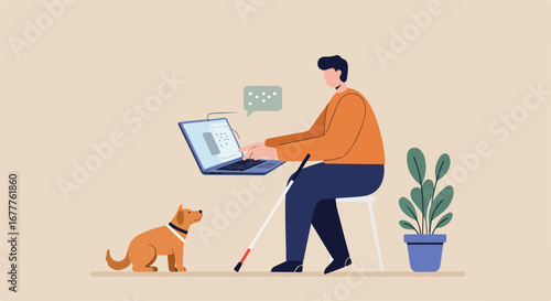 Man working from home using laptop, creating a relaxed atmosphere with his dog. Working from home allows for a flexible lifestyle, accompanied by a happy canine companion.