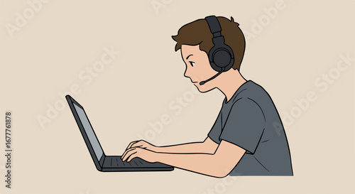 Boy using laptop, enjoying online gaming with headset, engaged and focused. Boy in gaming captures youthful excitement and interest in digital worlds,