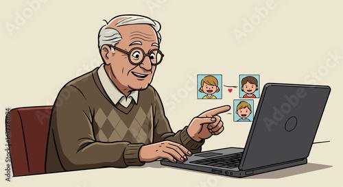 Elderly man using dating app on laptop. Dating app provides connections and happiness for seniors, as he browses profiles and smiles, ready to meet someone new.