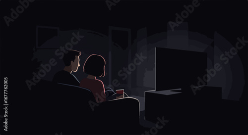 Couple watching TV, cozy evening view shows pair enjoying television together. Cozy evening features man and woman looking at home screen, a shared moment of relaxation.