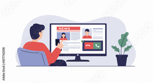 Person watching news on computer screen at home, using smartphone. Watching news, man reads news online while sitting comfortably. This scene symbolizes modern information consumption,