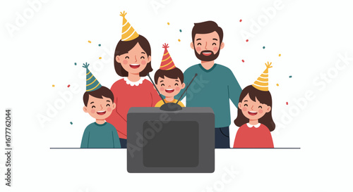 Family party gathering around old television wearing birthday hats. This family party shows joyful faces and festive mood as they celebrate together remotely.
