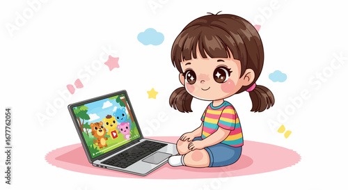 Watching cartoon with cute little girl enjoying children's media on laptop. Watching cartoon together, she sits on floor in front of laptop, engrossed in vibrant animation.