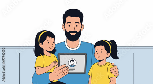 Father's day scene features father holding tablet with his two daughters. Father's day portrait of dad with his kids embracing each other while he is holding tablet. Happy father's day for marketing,