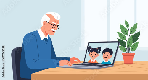 Senior man enjoys a video call with his grandchildren on a laptop, happy to connect. Video call connects him with his grandchildren and keeps him young.