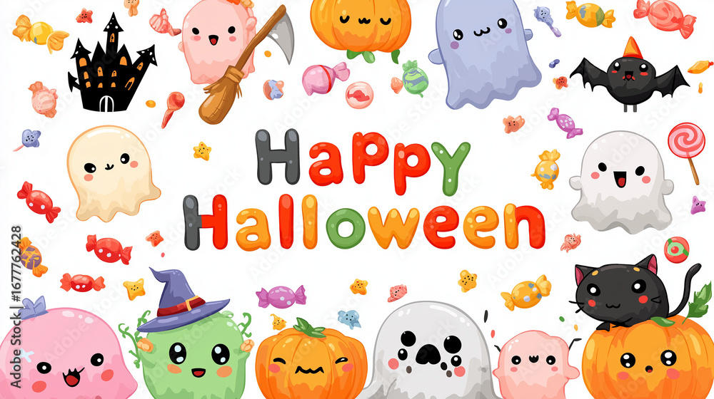 Fototapeta premium 商用利用に最適！かわいいハロウィンキャラクターとキャンディのイラスト素材