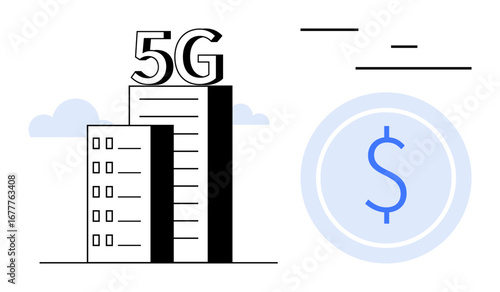 High-rise building with 5G text, blue coin symbol with dollar sign, and minimal design elements. Ideal for technology, economy, growth, innovation, connectivity, telecom simple landing page