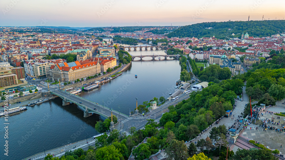 Fototapeta premium Sunset panorama view of Metronom in Prague, Czech republic