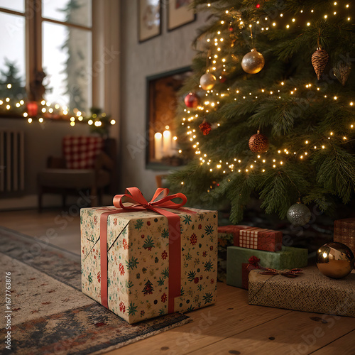 Christmas gift, wrapped present, holiday gift box, festive wrapping paper, red ribbon, Christmas tree decorations, Christmas lights, cozy interior, holiday atmosphere, Christmas ornaments, warm lighti