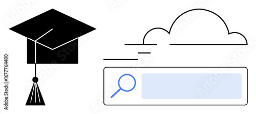 Black graduation cap, dynamic cloud with motion lines, and a search bar hinting at online learning concepts. Ideal for education, technology, e-learning, cloud computing, research, innovation simple