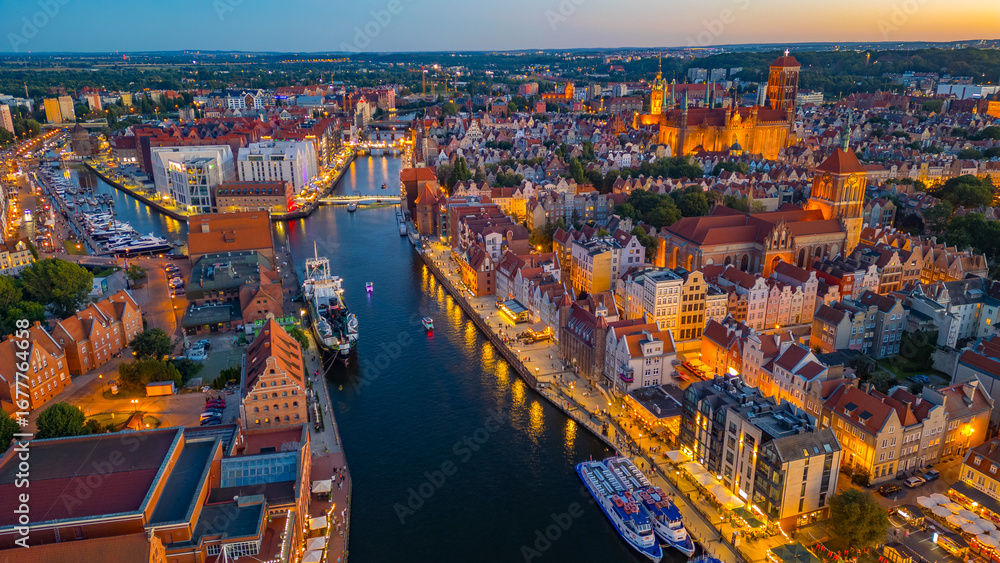 Fototapeta premium Sunset aerial view of the city center of Gdansk, Poland