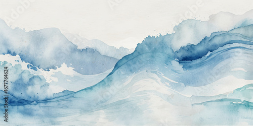 Watercolor surface ocean water wave, seamless blue water ocean wave background. Blue water ocean surfing wave.
