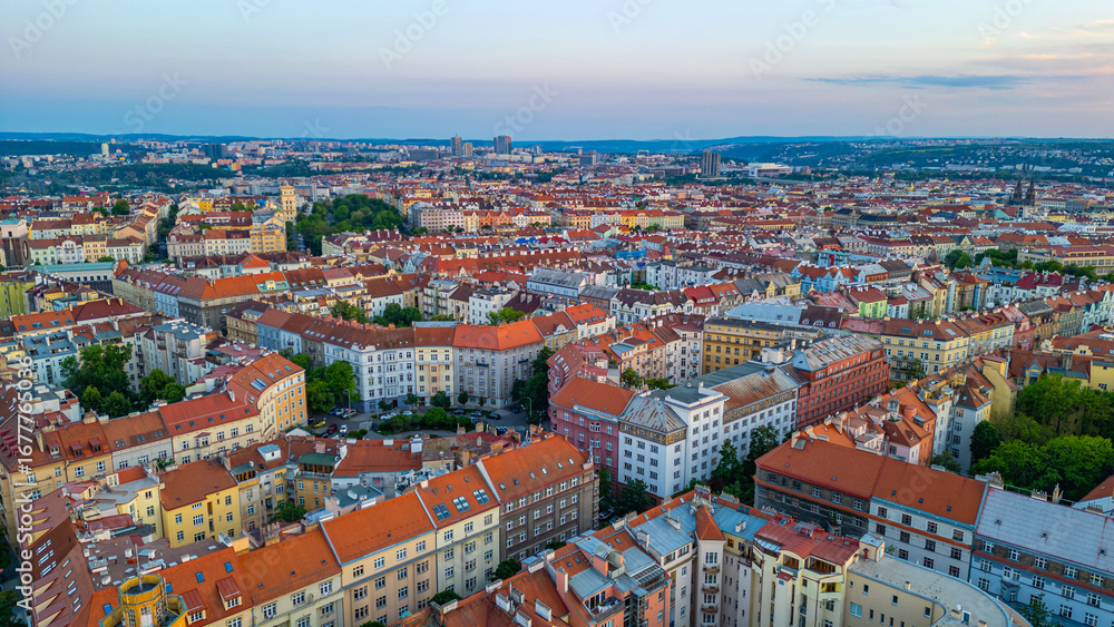 Obraz premium Sunset panorma view of Vinohrady in Prague, Czech republic