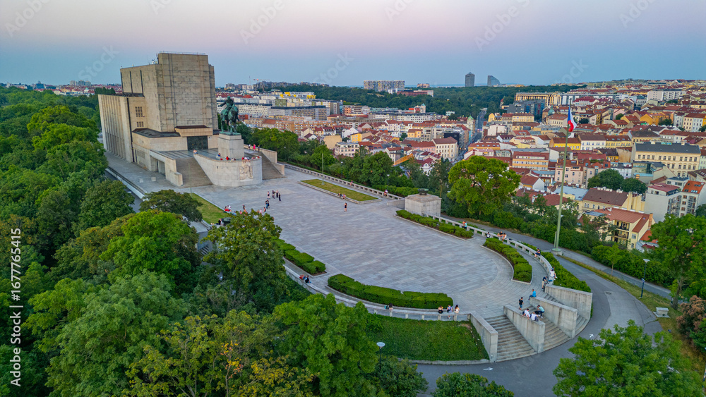 Fototapeta premium Sunset panorama view of Vitkov memorial in Prague, Czech republi