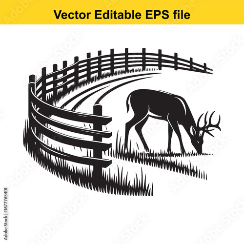 A whitetail silhouette of a deer grazing next to a curved wooden fence on a white background
