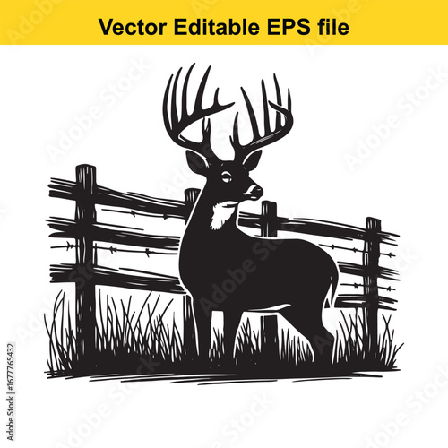 A whitetail majestic deer with large antlers standing behind a rustic wooden fence
