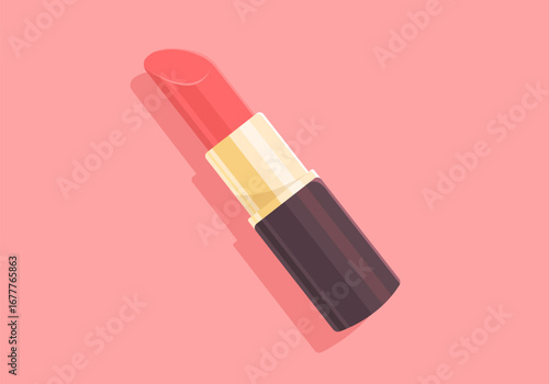 Beautiful red lipstick isolated on pink background. Flat vector illustration for advertisment, cosmetics, beauty content, meakeup, Lip cosmetic product sale, beauty store.