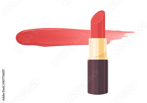 Red lipstick with color swatch isolated on white background. Flat vector illustration for cosmetics advertising, beauty content. Template for beauty ads. Flat vector illustration.