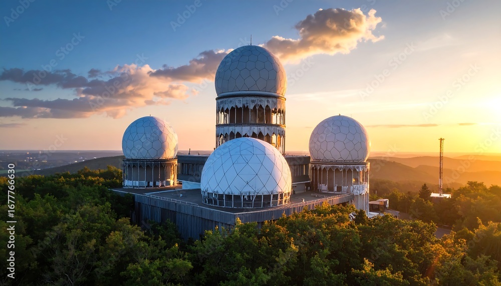 Fototapeta premium A serene, high-altitude view of a modern, architectural radar station, bathed in the golden hues of a tranquil sunset over a forested landscape.