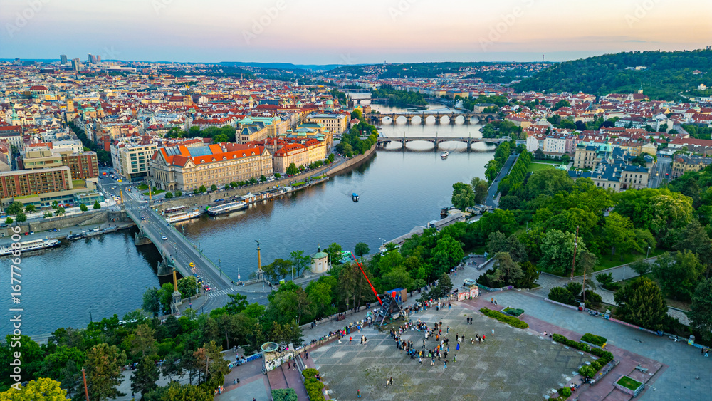 Fototapeta premium Sunset panorama view of Metronom in Prague, Czech republic