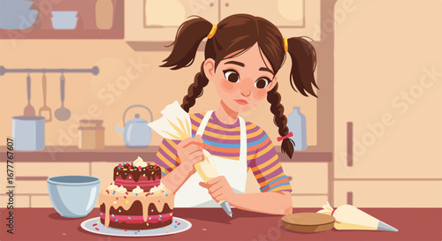 Girl decorates cake for birthday in cozy kitchen, filled with warmth and love. Little girl adds icing decorations to cake, creating sweet delight for her family. Conceptual girl decorates cake,