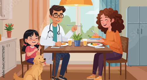 Happy family meal with doctor and smiling child enjoying food at home. Family meal showcases togetherness at dining table, eating lunch. Concept family meal illustrates modern living.