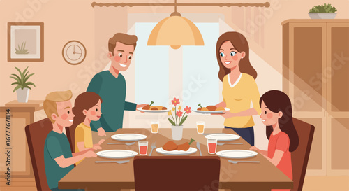 Family dinner preparation with caring mother and father serving food at home. Family dinner moment showcases children eagerly waiting at beautifully set table, ready for enjoyable meal.