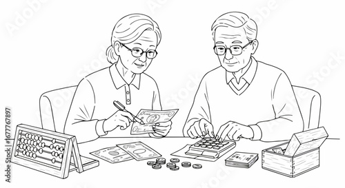 Illustration of a senior couple managing finances with calculator, coins, and money. Senior couple are reviewing their budget, carefully counting expenses and savings, planning for retirement income.