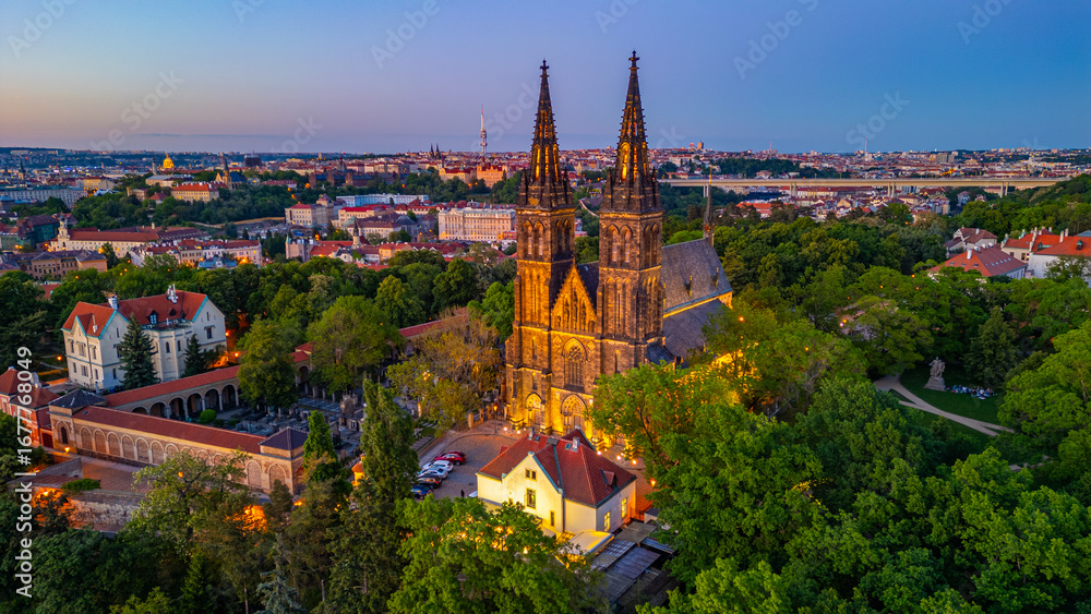 Fototapeta premium Sunset aerial view of Saints Peter and Paul Basilica at vysehrad