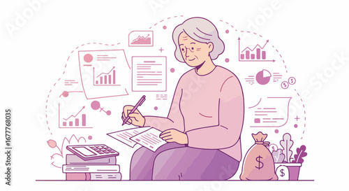 Woman managing her finances depicted in a financial planning illustration, showcasing budget analysis. Financial planning illustration highlights retirement preparation, reviewing reports,
