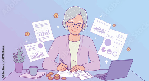 Senior woman manages finances, organizing paperwork at her desk with laptop and coffee. She's calculating savings with various diagrams and coins, planning retirement.