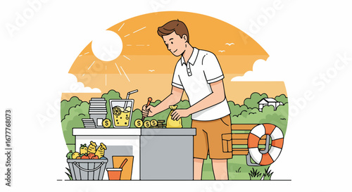 Lemonade stand illustration showing young entrepreneur at work. Young entrepreneur prepares fresh lemonade at small stand, ready for business in summer.
