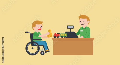 Boy in wheelchair making purchase, holding coins at store counter. Disabled boy buying toy train with coins at cashier desk, smiling and handing over money to store clerk.