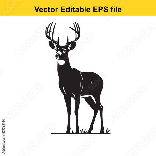 A whitetail black silhouette of a deer standing in grass, isolated on white background